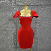 Black Red Color Women Sexy Short Sleeve Square Collar Bodycon Mini Bandage Dress Nightclub Party Celebrate Birthday Fashion Wear